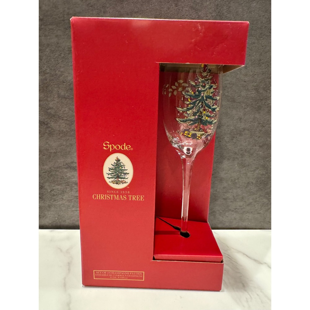Spode Christmas Tree Champagne Flutes Set of 2 Gold Rim Holiday Glassware 8.45oz